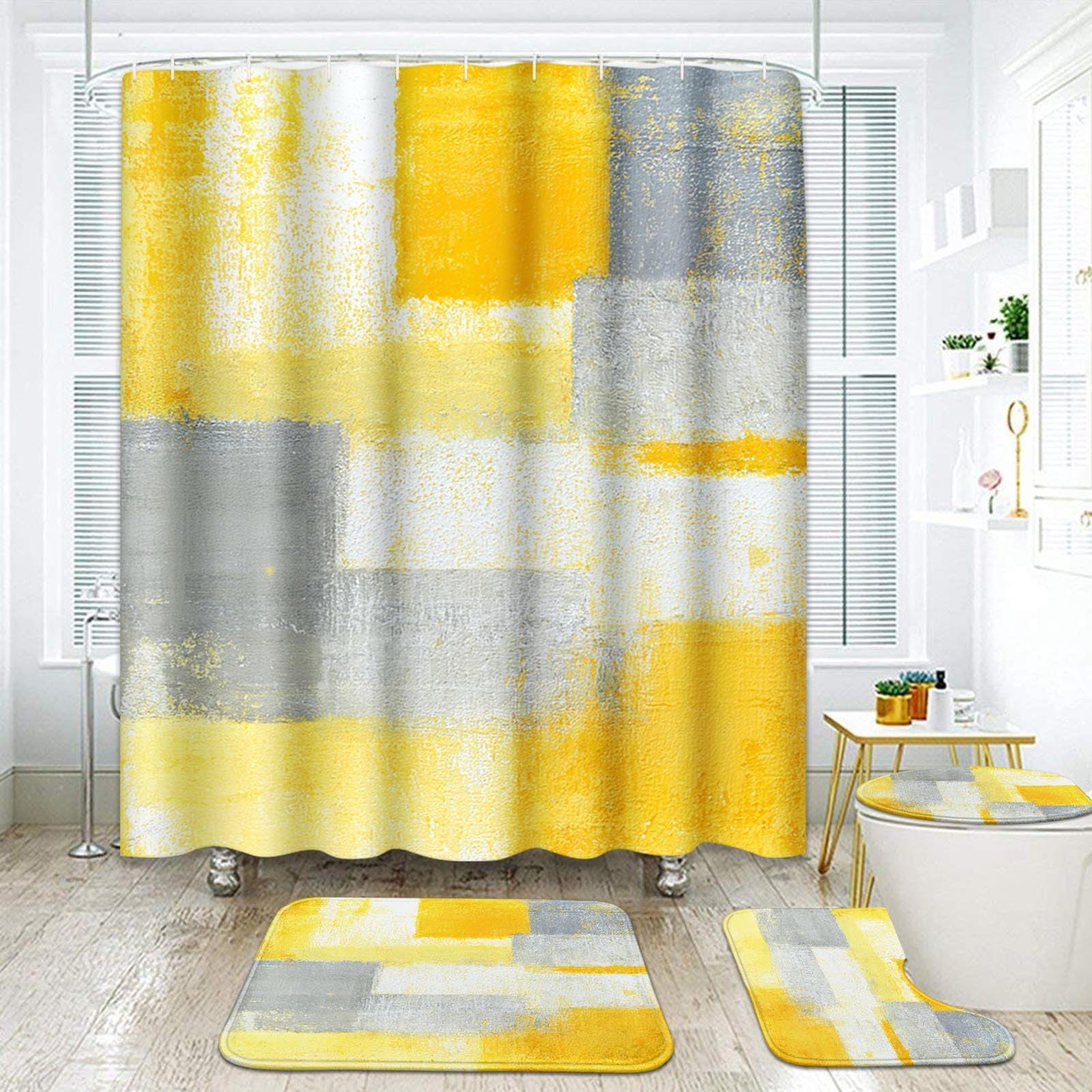 4 Pcs Shower Curtain Set Yellow Grey Abstract Painting Gray Vintage Retro with Non-Slip Rugs Toilet Lid Cover and Bath Mat Bathroom Decor Set