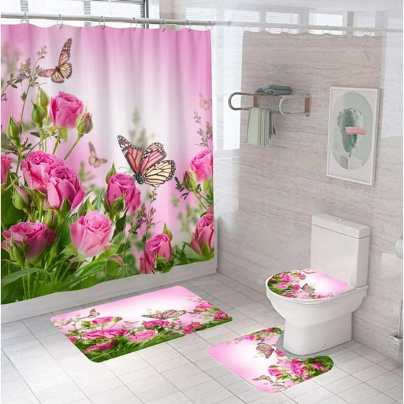 4 Pcs Shower Curtain Set with Bath Rugs Waterproof Shower Curtains 71x71Inch with Hooks Bathroom Decor Set Machine Washable