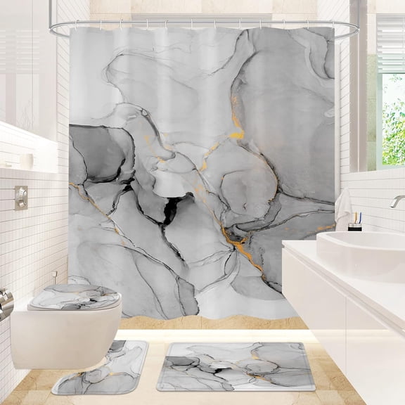 4 Pcs Bathroom Shower Curtain Set with Non-Slip Rugs, Toilet Lid Cover and Bath Mat, Grey Marble Bathroom Decor Set with Shower Curtain and Rugs and Accessories