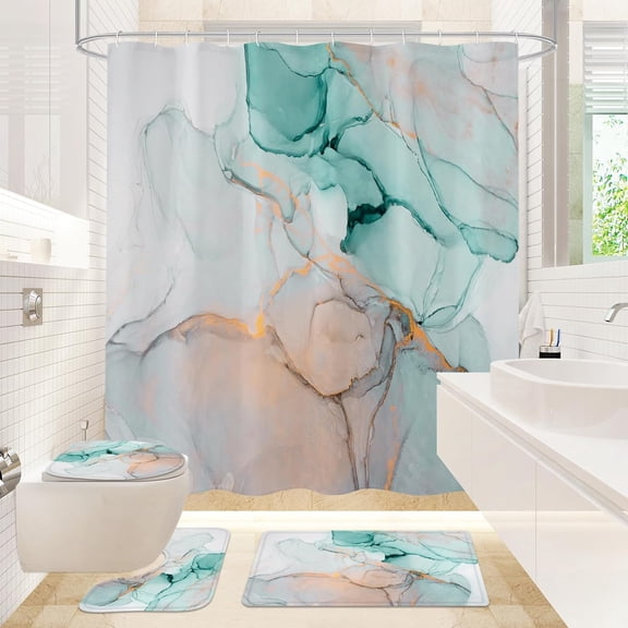 4 Pcs Shower Curtain Set with Non-Slip Rugs Toilet Lid Cover and Bath Mat, Green Marble Bathroom Decor Set with Accessories