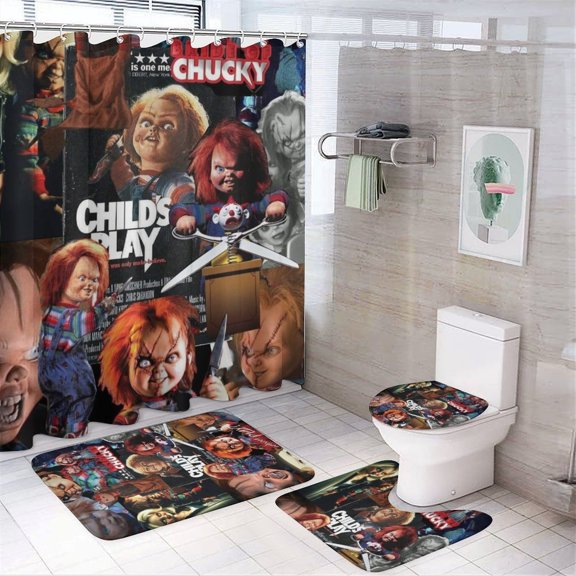 4 Pcs Shower Curtain Set with Rugs Chucky Shower Curtain Bathroom Sets Decor Waterproof