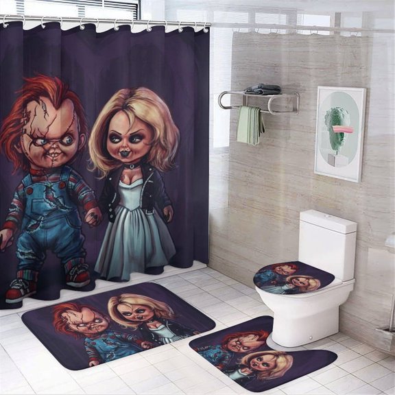 4 Pcs Shower Curtain Set with Rugs Chucky Shower Curtain Bathroom Sets Decor Waterproof