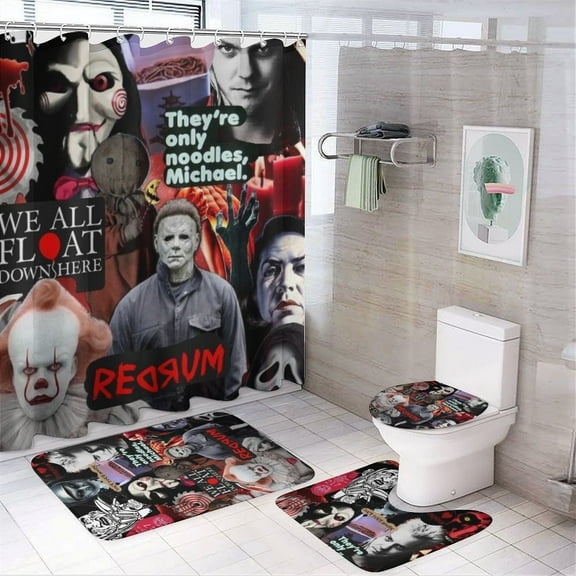 4 Pcs Shower Curtain Set with Rugs Horror Movie Characters Shower Curtain Bathroom Sets Decor Waterproof