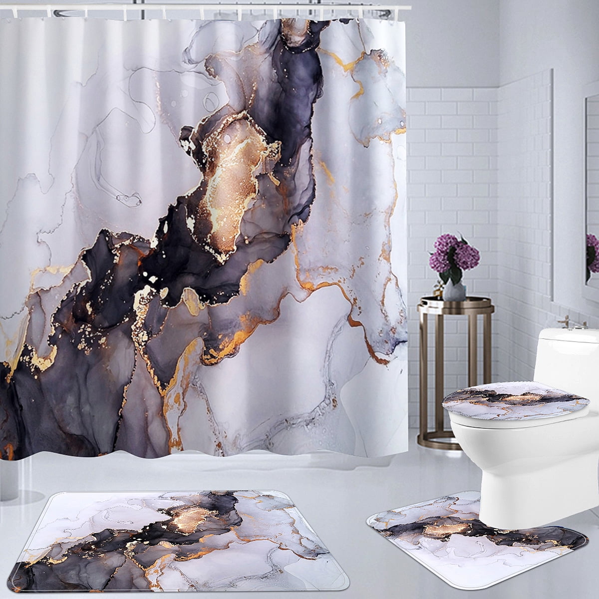Alishomtll 4 Pcs Mushroom Shower Curtain Sets with Non-Slip Rug, Toilet Lid  Cover and Bath Mat, Plan…See more Alishomtll 4 Pcs Mushroom Shower Curtain