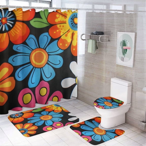 4 Pcs Shower Curtain Sets 70s Groovy Flower with Rugs Toilet Lid Cover And Bath Mat Gifts for Flower Lovers Girls Women Bathroom Decor Sets for Bathroom Decor Set 72inch X 72inch