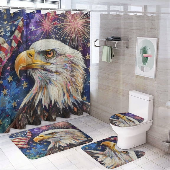 4 Pcs Shower Curtain Sets American Flag Eagle Bath Mat U-Shaped Floor Mat Toilet Lid Oval Rug Memorial Day Independence Day 12 Plastic Hooks for Bathtub Decor 72inch X 72inch