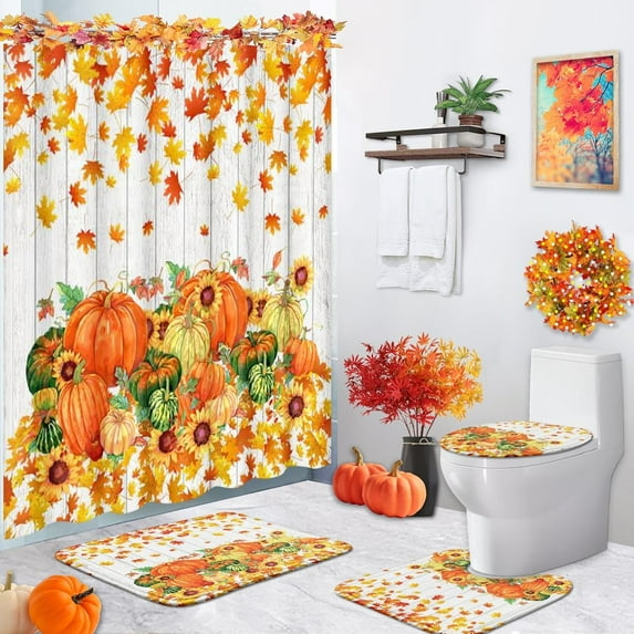 4 Pcs Shower Curtain Sets, Autumn Leaves Tree Fall Waterproof Bathroom Sets with Non-Slip Rugs, Toilet Lid Cover and Bath Mat, 12 Hooks, Accessories Modern Home Bathroom Decor 72" X 72"