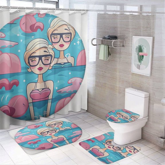4 Pcs Shower Curtain Sets Bath Mat U-Shaped Floor Mat Toilet Lid Oval Rug Cute Cartoon Swimming Pool Girl Custom Pink Blue Waterproof Fabric Bath Curtain Swimming Girl Personalized