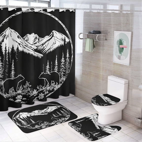 4 Pcs Shower Curtain Sets Bathroom Decor Set with Non-Slip Rugs Toilet Lid Cover And Bath Mat Bear With Mountains And Trees Waterproof Fabric Bath Curtain Bear Wildlife for Bathroom Decor