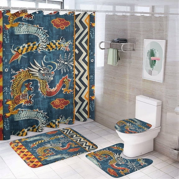 4 Pcs Shower Curtain Sets Bathroom Decor Set with Non-Slip Rugs Toilet Lid Cover And Bath Mat Chinese Style Dragon Waterproof Durable Bathroom Decor Shower Chinoiserie Dragon Asian for Bathroom Decor
