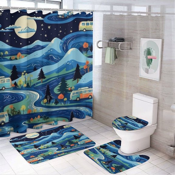 4 Pcs Shower Curtain Sets Bathroom Sets with Curtain Rug Toilet Cover And U Shaped Mat Happy Camper Waterproof Durable Bathroom Decor Shower Camping Vintage Car for Bathroom Decor