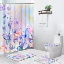 4 Pcs Shower Curtain Sets, Butterfly Blue Purple Floral Waterproof Bathroom Sets with Non-Slip Rugs, Toilet Lid Cover and Bath Mat, 12 Hooks, Accessories Modern Home Bathroom Decor 72" X 72"
