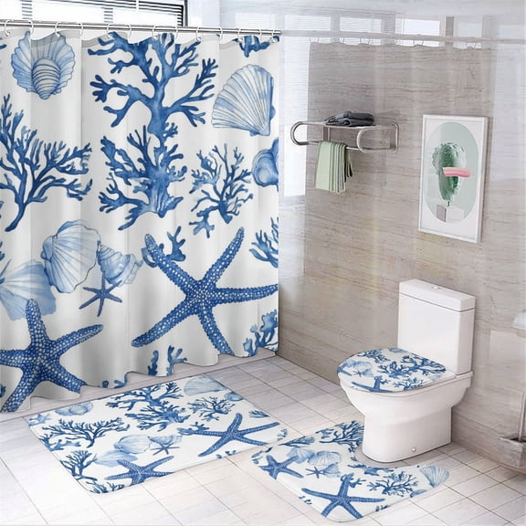 4 Pcs Shower Curtain Sets Coral Reef Pattern with Starfish Shells And Corals with Non-Slip Rugs Toilet Lid Cover And Bath Mat Mediterranean Style Sea Theme 12 Hooks for Bathtub Decor 72inch X 72inch