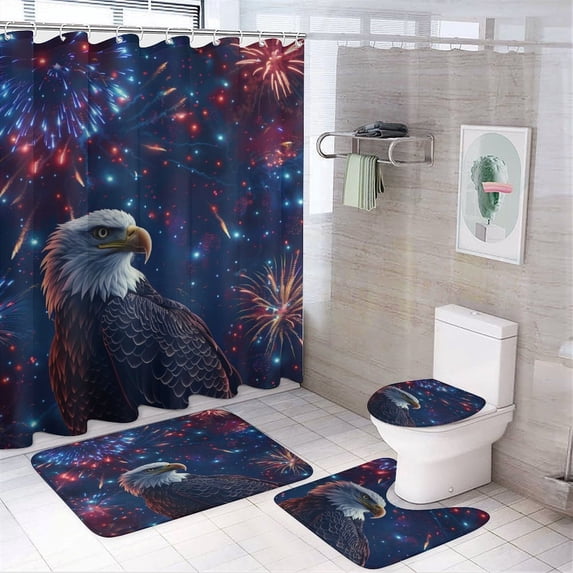 4 Pcs Shower Curtain Sets Eagle with Red White And Blue Fireworks with Non-Slip Rugs Toilet Lid Cover And Bath Mat Bathroom Decor Set USA Patriotic Independence Memorial Day Bathroom Decor Sets