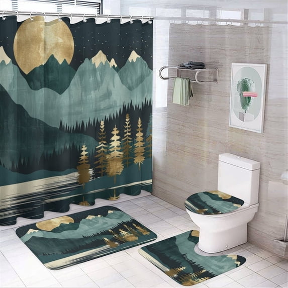 4 Pcs Shower Curtain Sets Illustration of Mountains, Trees And Lake in The Moonlight Rug Toilet Lid Cover And Non-Slip U Shape Mat Mountain Landscape Boho Colorful Abstract Farmhouse Bathroom Set