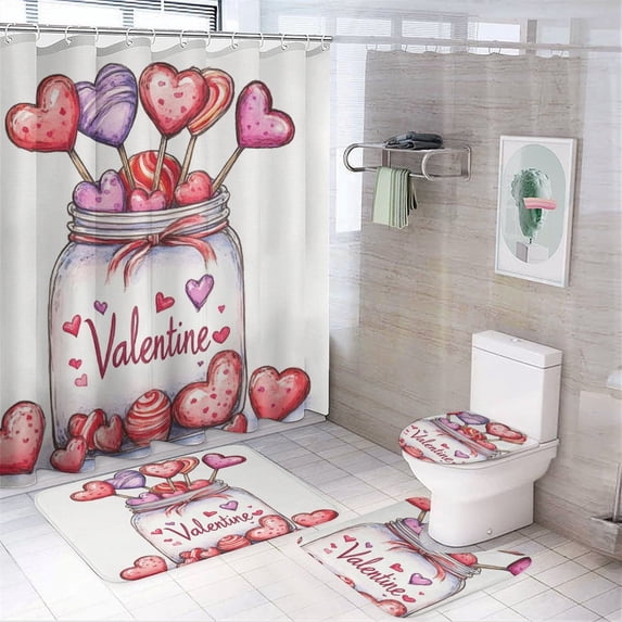 4 Pcs Shower Curtain Sets Mason Jar Floral Love Heart Rug Toilet Lid ...