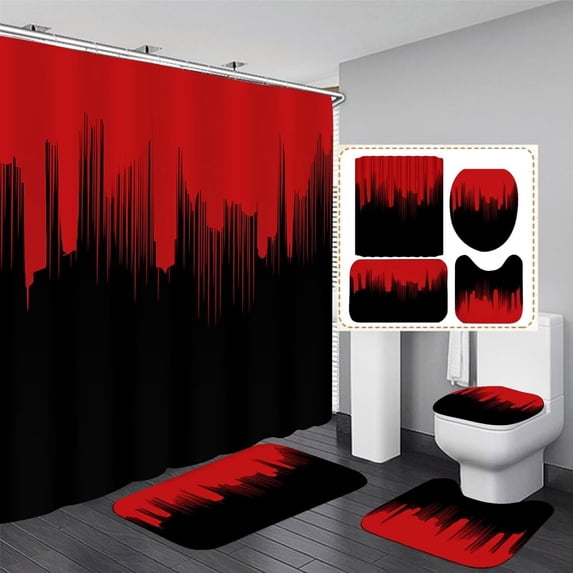 4 Pcs Shower Curtain Sets Non-Slip Rugs Bath Mat Toilet Cover, U-Shaped Mat, Gradient Shower Curtain with 12 Hooks