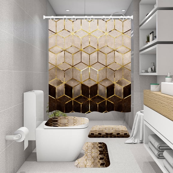 4 Pcs Shower Curtain Sets Non-Slip Rugs Bath Mat Toilet Cover U Shaped Mat Print Shower Curtain with 12 Hooks Black & Gold Patchwork Bathroom Set
