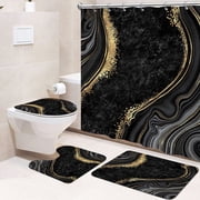 4 Pcs Shower Curtain Sets Non-Slip Rugs Bath Mat Toilet Cover U Shaped Mat Print Shower Curtain with 12 Hooks Black lines Bathroom Set