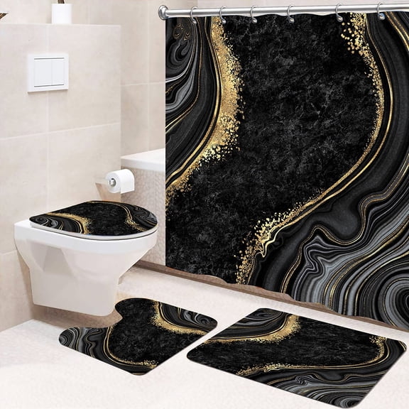 4 Pcs Shower Curtain Sets Non-Slip Rugs Bath Mat Toilet Cover U Shaped Mat Print Shower Curtain with 12 Hooks Black lines Bathroom Set