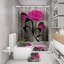 4 Pcs Shower Curtain Sets Non-Slip Rugs Bath Mat Toilet Cover U Shaped Mat Print Shower Curtain with 12 Hooks Pink Rose Bathroom Set