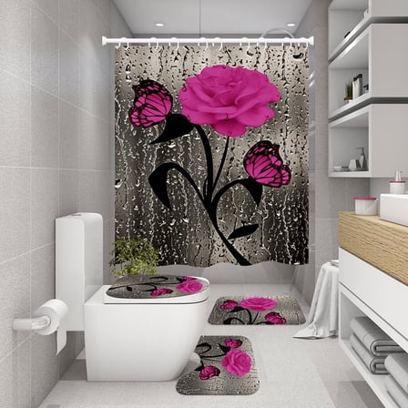4 Pcs Shower Curtain Sets Non-Slip Rugs Bath Mat Toilet Cover U Shaped Mat Print Shower Curtain with 12 Hooks Pink Rose Bathroom Set