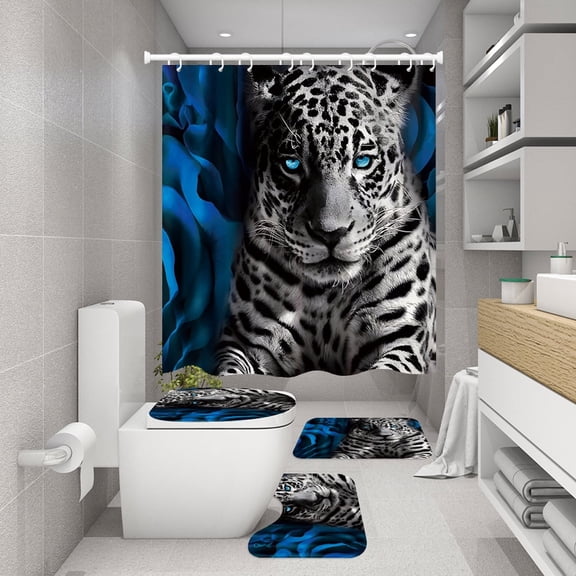 4 Pcs Shower Curtain Sets Non-Slip Rugs Bath Mat Toilet Cover U Shaped Mat Print Shower Curtain with 12 Hooks Snow Leopard Pattern Bathroom Set
