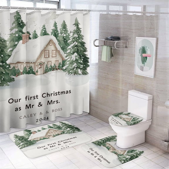 4 Pcs Shower Curtain Sets with Non-Slip Rugs Toilet Lid Cover and Bath Mat Our First Christmas Engaged Personalized Waterproof Fabric Bath Curtain Xmas Holiday Decor for Bathroom Decor