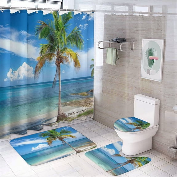 4 Pcs Shower Curtain Sets Non-Slip Rugs And Toilet Mat Lid Rug Accessories Beautiful Palm Tree on The Beach Waterproof Fabric Bath Curtain Summer Tropical Palm Trees for Bathroom Decor