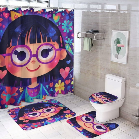 4 Pcs Shower Curtain Sets Non-Slip Rugs And Toilet Mat Lid Rug Accessories Cute Little Girl with Flowers Waterproof Durable Bathroom Decor Shower Gifts for Women for Bathtub Decor