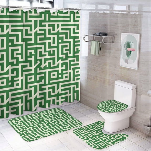 4 Pcs Shower Curtain Sets Non-Slip Rugs And Toilet Mat Lid Rug Accessories Seamless Pattern of Green And White Greek Key Lines Waterproof Fabric Bath Curtain Chinoiserie Bohemian Vintage