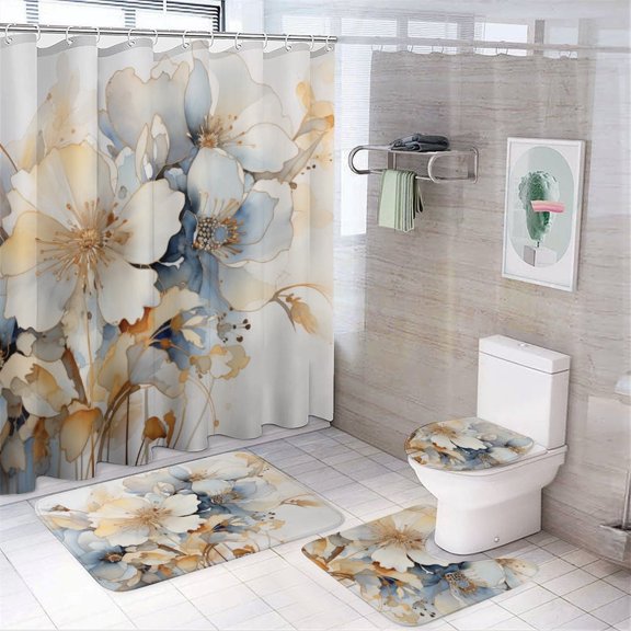 4 Pcs Shower Curtain Sets Painting of White, Blue And Brown Flowers Bathroom Shower Curtain Set with Rugs Modern Art Shower Curtain with 12 Hooks for Bathtub Decor 72inch X 72inch