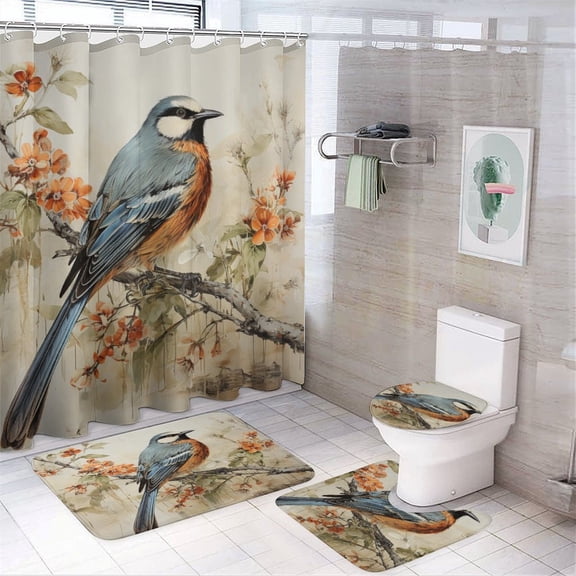 4 Pcs Shower Curtain Sets Retro Vintage Bird French Country Tuscan Style Bathroom Shower Curtain Set with Rugs Vintage Floral Bird Bathroom Accessories Set Decor with 12 Hooks for Bathtub Decor