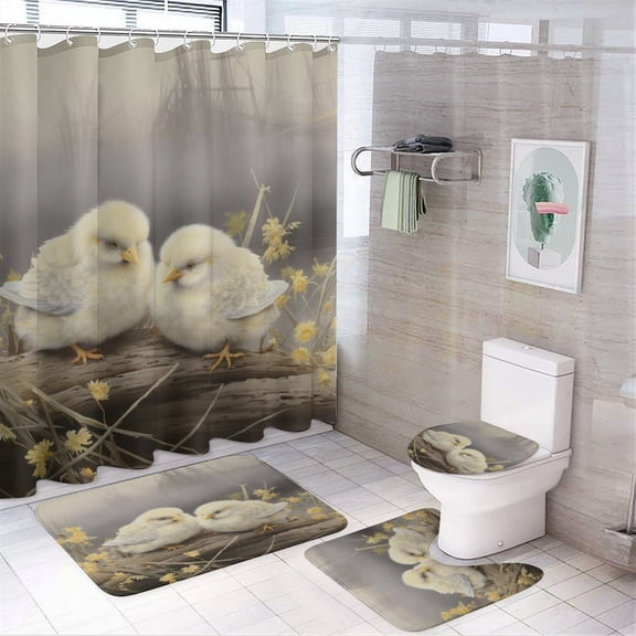 4 Pcs Shower Curtain Sets Rug Toilet Lid Cover And Non-Slip U Shape Mat Small Chicks Durable And Waterproof Easter Day Cute Chick for Bathtub Decor