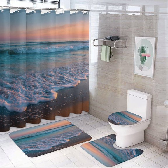 4 Pcs Shower Curtain Sets Rug Toilet Lid Cover and Non-Slip U Shape Mat Seaside Seacoast Beachy Waves Waterproof Personality Pattern Bath Curtains Blue Ocean Theme for Bathroom Decor