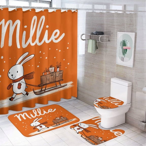 4 Pcs Shower Curtain Sets with Rugs Include Waterproof Shower Curtain Non-Slip Rug Toilet Lid Cover Bath Mat Personalised Sleigh Rabbit Waterproof Fabric Bath Curtain Custom Name Set