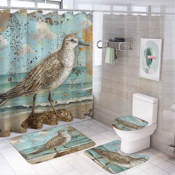 4 Pcs Shower Curtain Sets with Rugs Include Waterproof Shower Curtain Non-Slip Rug Toilet Lid Cover Bath Mat Sandpiper Bird Waterproof Shower Curtain Summer Beach Coastal for Bathtub Decor