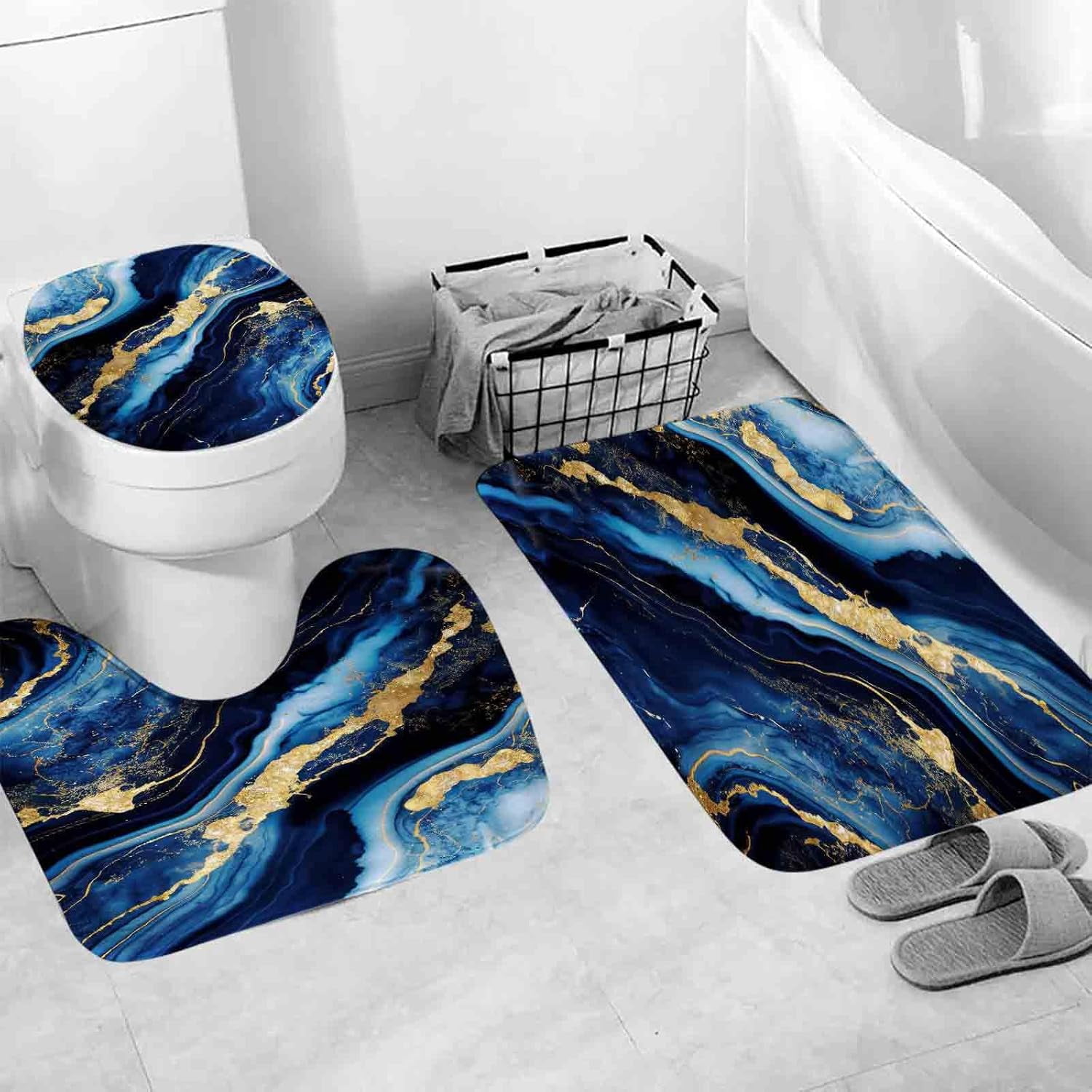 4 Pcs Shower Curtain Sets with Rugs Luxurious Navy Blue Marble Bathroom ...