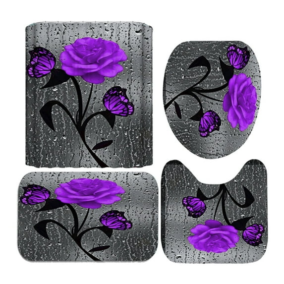 4 Pcs Shower Curtain Sets with Rugs, Non-Slip Rugs, Toilet Lid Cover, Bath Mat, 3D Romantic Rose Shower Curtain with 12 Hooks for Bathroom Shower Curtain Sets Purple