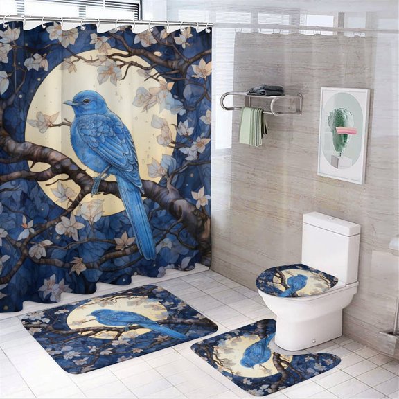 4 Pcs Shower Curtain Sets with Rugs Toilet Lid Cover and Bath Mat Blue Bird On A Shady Tree Under The Full Moon Waterproof Personality Pattern Bath Curtains Flower Bird for Bathroom Decor Sets