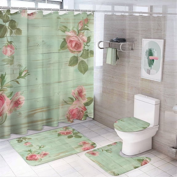 4 Pcs Shower Curtain Sets Shabby Chic Rose with Wood Background Bathroom Decor Set with Non-Slip Rugs Toilet Lid Cover And Bath Mat Vintage Floral Boho Shower Curtain with 12 Hooks 72inch X 72inch