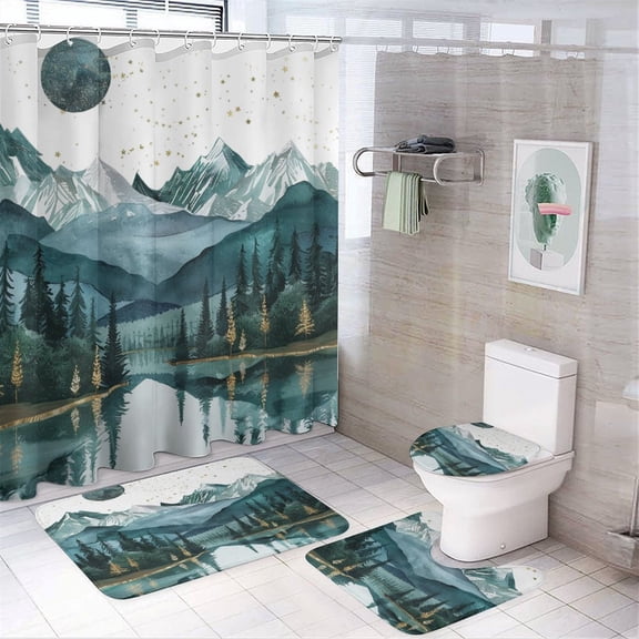 4 Pcs Shower Curtain Sets Shower Curtain And Rugs Shower Curtain Set Abstract Mountains Lake Landscape Waterproof Shower Curtain Watercolor Nature Landscape for Bathroom Decor