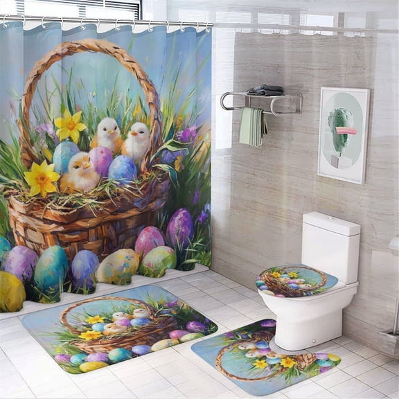 4 Pcs Shower Curtain Sets Shower Curtain and Rugs Shower Curtain Set Basket Full of Spring Chicks And Colorful Eggs Waterproof Fabric Bath Curtains Farmhouse Easter Decoration for Bathroom Decor