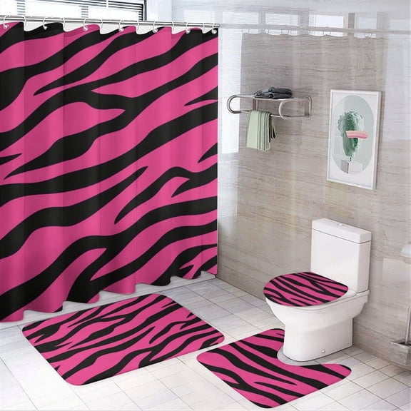 4 Pcs Shower Curtain Sets Shower Curtain And Rugs Shower Curtain Set Pink And Black Zebra Print Waterproof Personality Pattern Bath Curtain Jungle Animal for Bathroom Decor Set