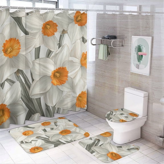 4 Pcs Shower Curtain Sets Shower Curtain Set with Shower Curtain and Rugs 4 Piece Daffodil Flower Waterproof Personality Pattern Bath Curtains Wild Flower for Bathroom Decor Sets