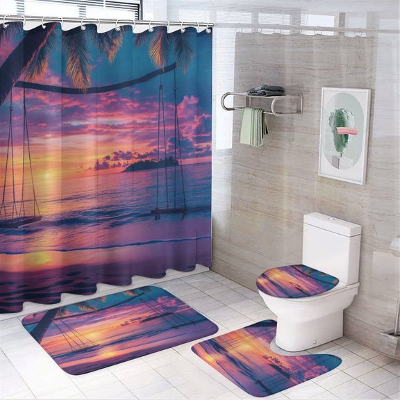 4 Pcs Shower Curtain Sets Sunset on The Beach with Palm Trees Rug Toilet Lid Cover and Non-Slip U Shape Mat Beautiful Beach with Coconut Palm Tree Bathroom Decor Set for Bathroom Decor
