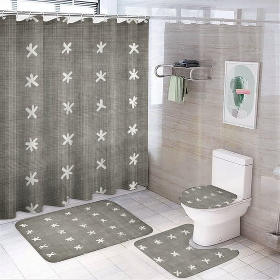 4 Pcs Shower Curtain Sets Textured with Non-Slip Rugs Toilet Lid Cover And Bath Mat Bathroom Decor Set Abstract Geometric Decorative Bathroom Accessories Set Decor with 12 Hooks for Bathtub Decor