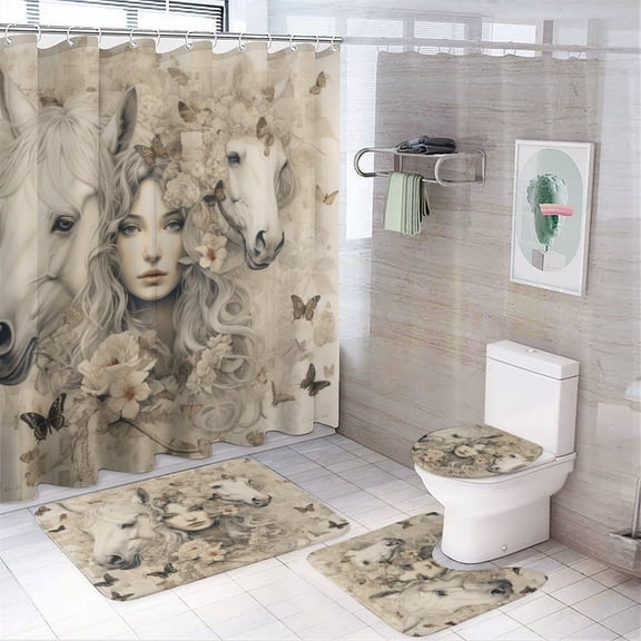 4 Pcs Shower Curtain Sets Vintage Flora With Women In Ivory with Non-Slip Rugs Toilet Lid Cover And Bath Mat French Paris France Floral Vintage 12 Plastic Hooks for Bathtub Decor 72inch X 72inch