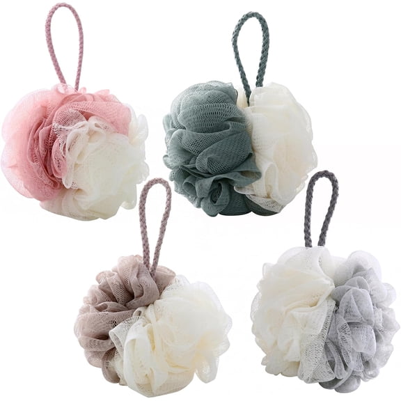 4 Pcs Shower Scrunchie, Dual-Tone Exfoliating Shower Puffs for Body with Hanging Loop, Soft Bath Sponge for Bathroom (Assorted Colors)
