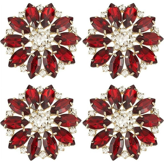 4 Pcs Siam Flower Alloy Rhinestone Shank Buttons 1.57" Bouquet Rhinestone Buttons with 1-Hole and Light Gold Buttom Sew On Crystal Embellishments Button